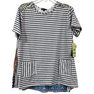 Striped & Paisley Multicolor Boho Top W/ Front Pockets By Multiples Size L NWT